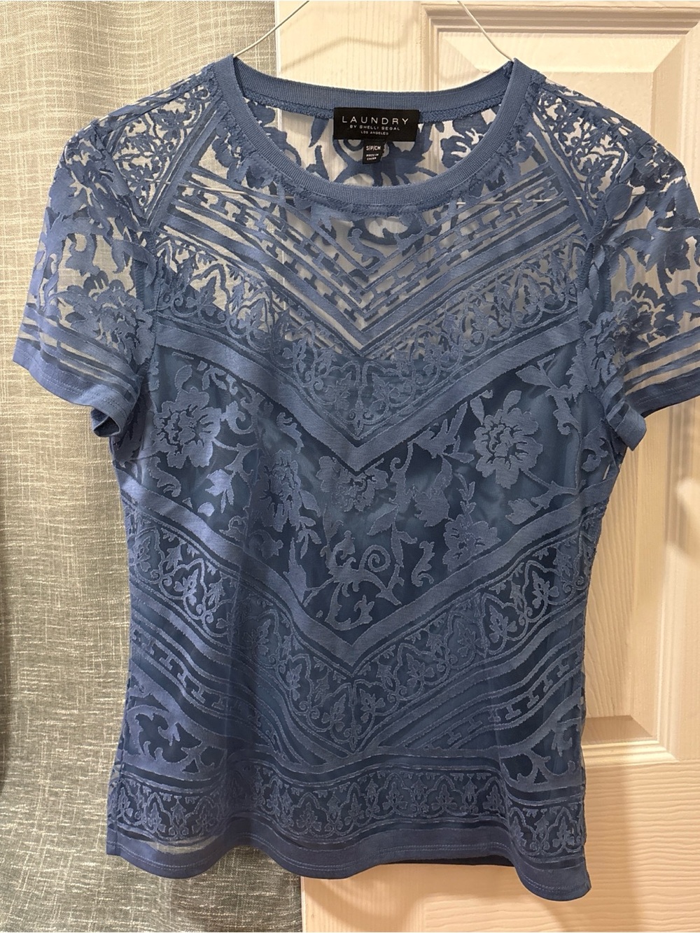 Laundry By Shelli Segal Dusty Blue Lace Short Sleeve Top